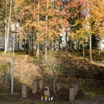 Värikuva muistomerkistä, jossa on puu, sen ympärillä kiviä ja palavia kynttilöitä. Taustalla näkyy syksyistä värikästä metsää.