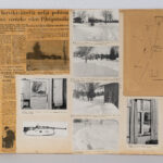 Useista lehtiartikkeleista, valokuvista ja piirroskartasta koostuva taulu. Kuvissa ja teksteissä käsitellään rikostapausta. Materiaalissa on muun muassa kolme muotokuvaa, lumisia ulkokuvia, kuva aseesta ja sisätilasta.