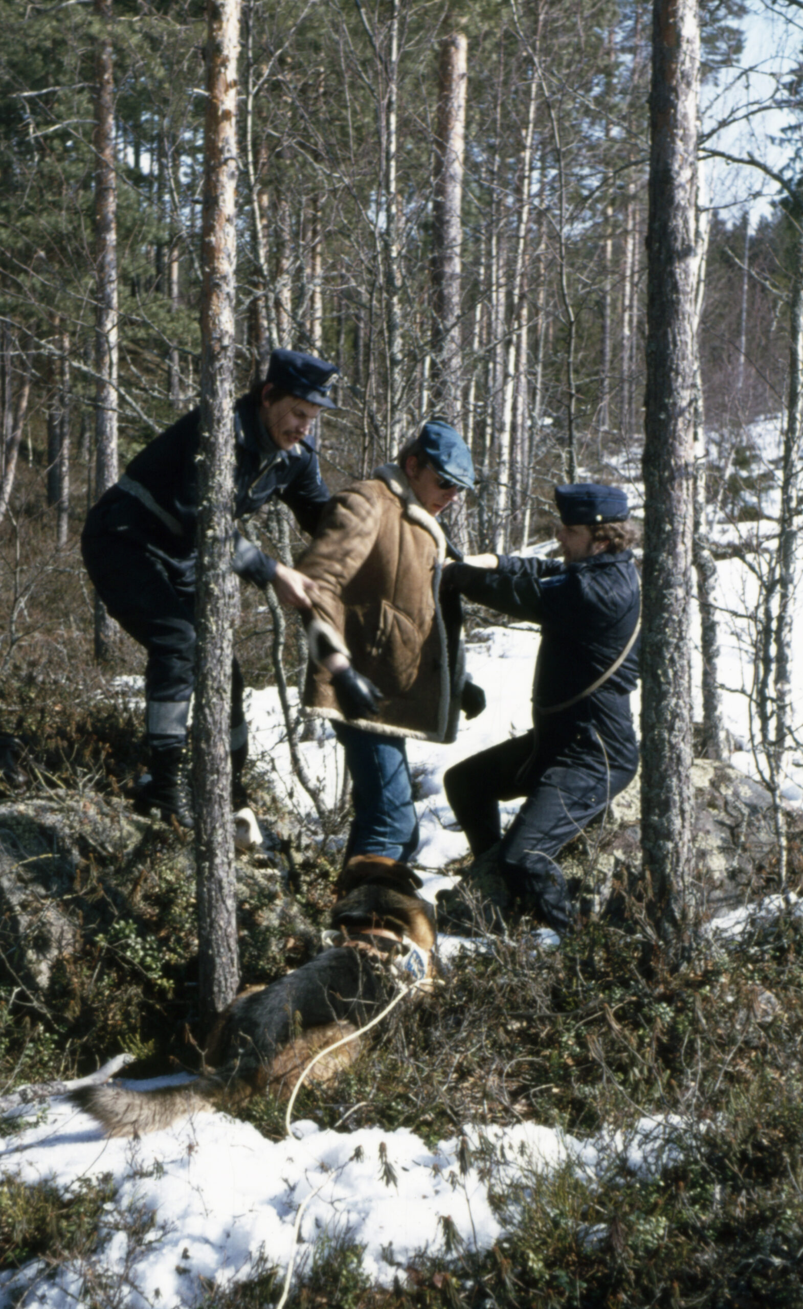 Kaksi virkapukuista poliisia pitää kiinni miehestä metsässä, jossa on hieman lunta. Etualalla maassa seisoo saksanpaimenkoira.