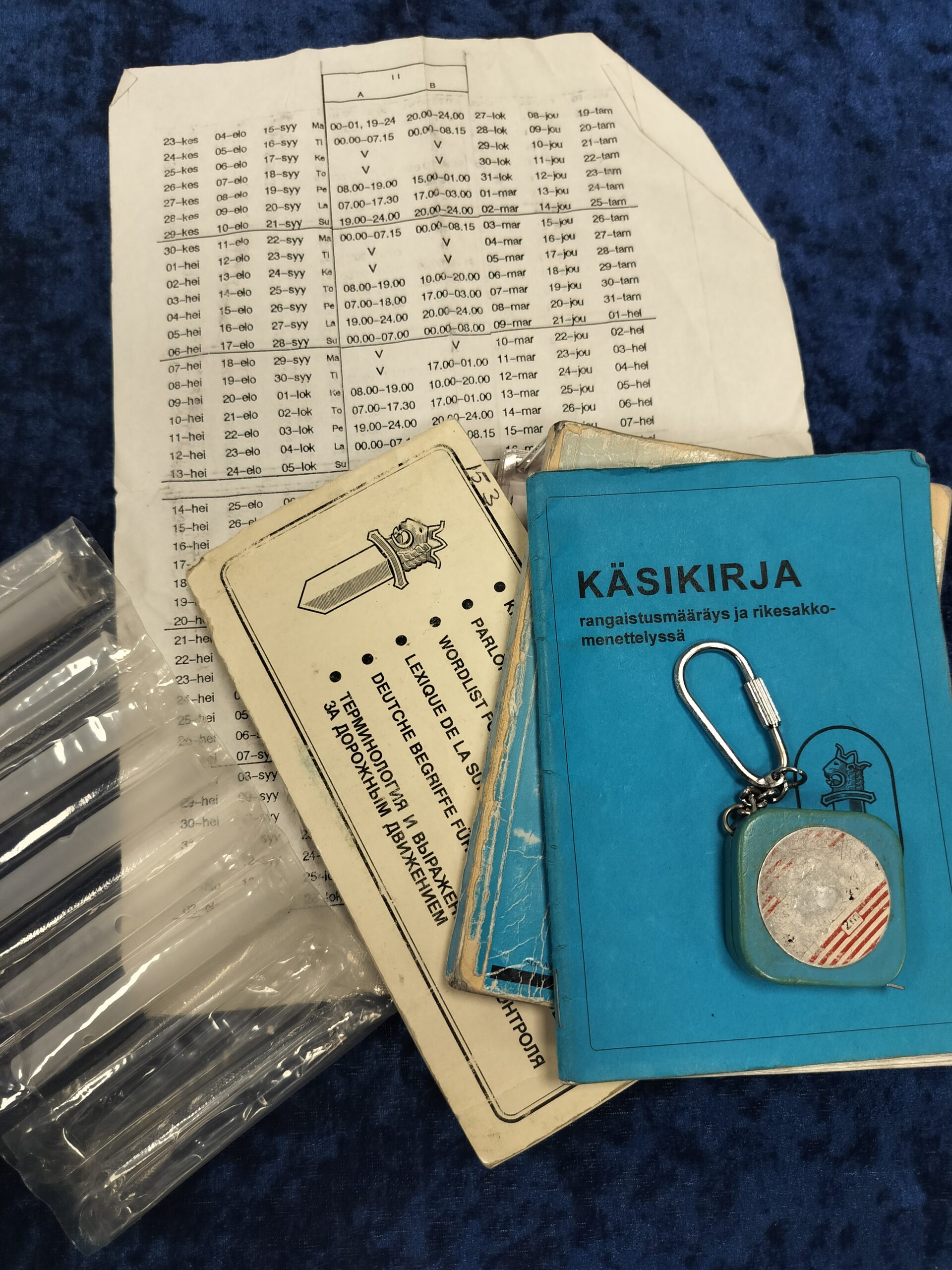 Värikuva esineistä: turkoosi ohut kirja, sen päällä avaimenperä, ja alla valkoisia papereita, joissa on luetteloita tai aikatauluja. Vasemmalla on kasa kapeita, kirkkaita putkia.